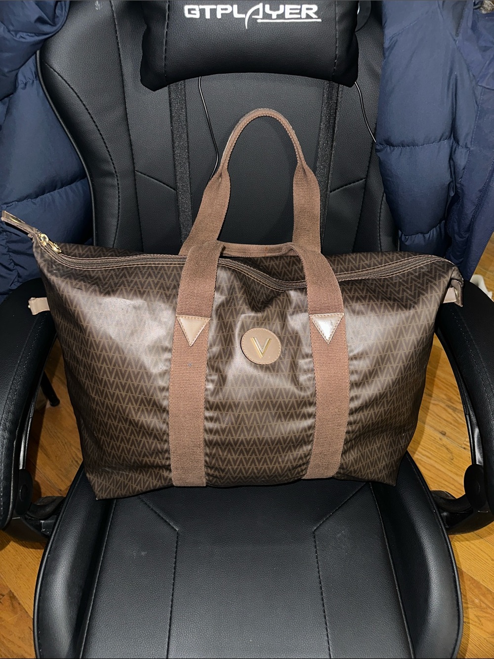 Mario Valentino Brown Patterned Duffel Bag with V Emblem. PREOWNED.